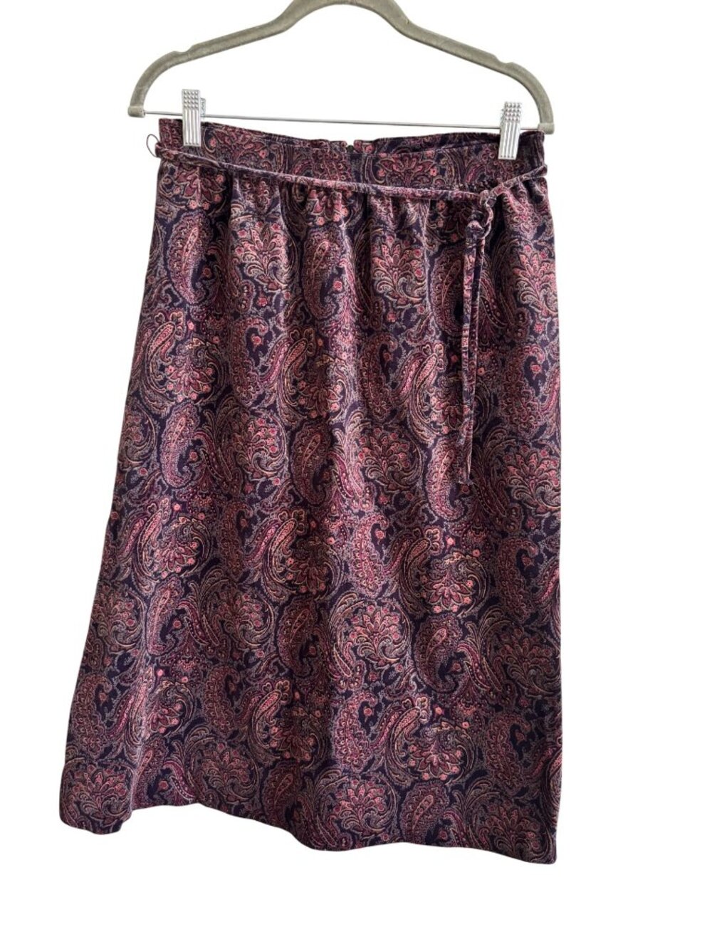 Vintage Povtec Paisley Velvet A Line Midi Skirt Purple Red Cotton Lightweight - Picture 12 of 14